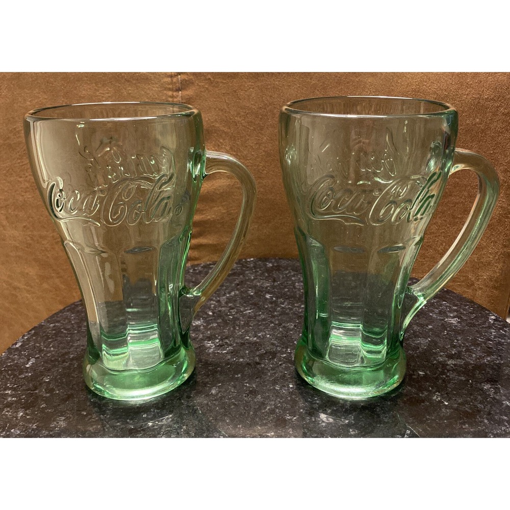 LIBBEY GLASS CO Green Glass Coca-Cola Coke 6 3/8"h Handled Mugs Set of 2)